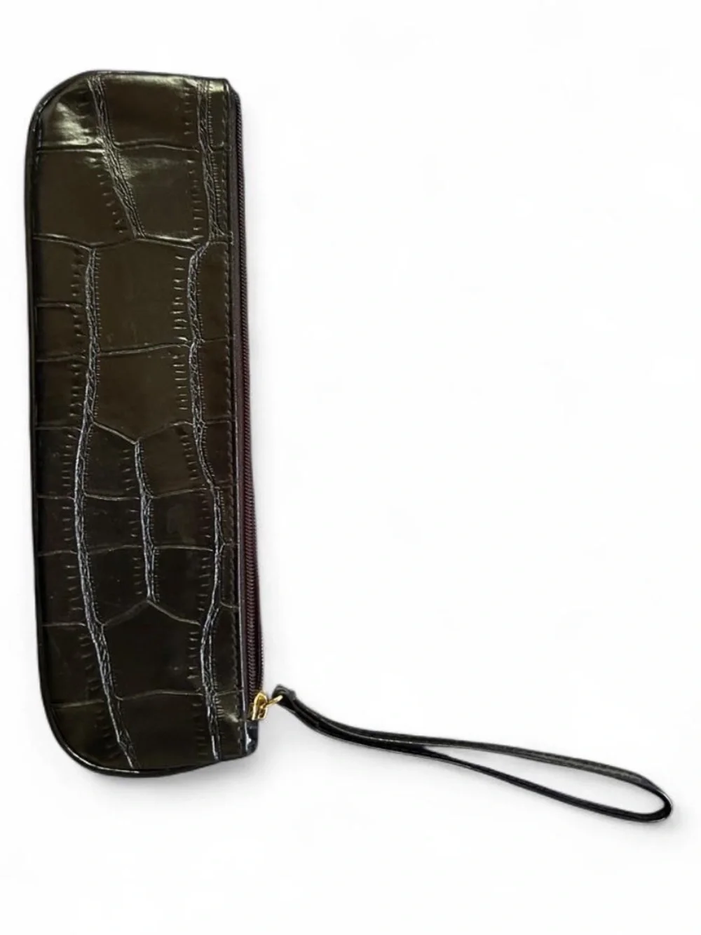 Croc-Embossed Olive Patent Wristlet Pouch